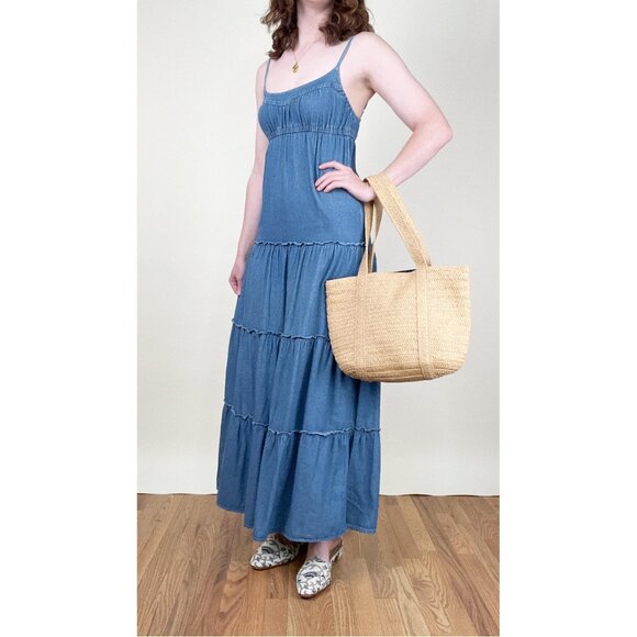 Vintage Tiered Maxi Denim Jean Dress Boho Coastal Cowgirl Western Bohemian Beach - Picture 5 of 9